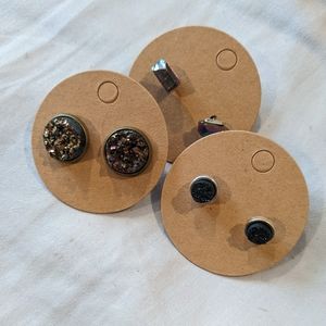 Geode and crystal stud earring set 3 pairs with backs